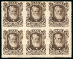 Stamp of Brazil » 1866-83 Dom Pedro » 1877-78 Roulette "White Beard" Issue 1877, 260r dark brown, block of six originating from