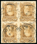 Stamp of Brazil » 1866-83 Dom Pedro » 1877-78 Roulette "White Beard" Issue 1878, 300r ochre, two blocks of four in contrasting