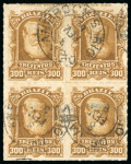 Stamp of Brazil » 1866-83 Dom Pedro » 1877-78 Roulette "White Beard" Issue 1878, 300r ochre, two blocks of four in contrasting