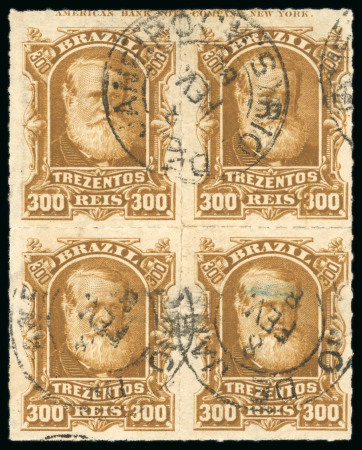 Stamp of Brazil » 1866-83 Dom Pedro » 1877-78 Roulette "White Beard" Issue 1878, 300r ochre, two blocks of four in contrasting