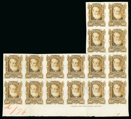 Stamp of Brazil » 1866-83 Dom Pedro » 1877-78 Roulette "White Beard" Issue 1878, 300r ochre, imperforate plate proofs on India in rejoined corner-sheet block of 16