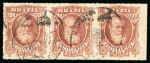 Stamp of Brazil » 1866-83 Dom Pedro » 1877-78 Roulette "White Beard" Issue 1878, 700r brown red, strip of three used