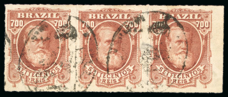 Stamp of Brazil » 1866-83 Dom Pedro » 1877-78 Roulette "White Beard" Issue 1878, 700r brown red, strip of three used