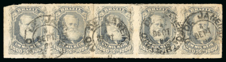 Stamp of Brazil » 1866-83 Dom Pedro » 1877-78 Roulette "White Beard" Issue 1878, 1,000r grey slate, strip of five used, with marginal imprint