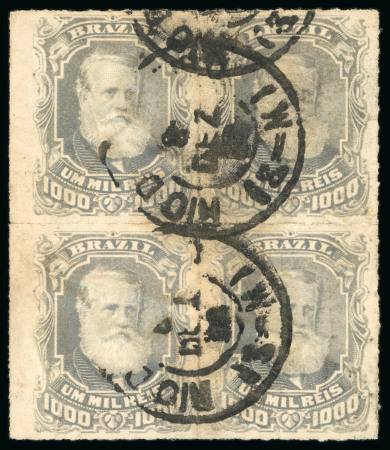 Stamp of Brazil » 1866-83 Dom Pedro » 1877-78 Roulette "White Beard" Issue 1878, 1,000r grey slate, block of four from the left