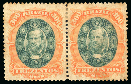 Stamp of Brazil » 1866-83 Dom Pedro » 1878 "Auriverde" Issue 1878, 300r green and deep orange, unissued, pair with