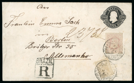 Stamp of Brazil » Later Issues 1878-90, lot of three items including two scarce 1867 "Dom Pedro" 200r black postal stationery envelopes to Germany