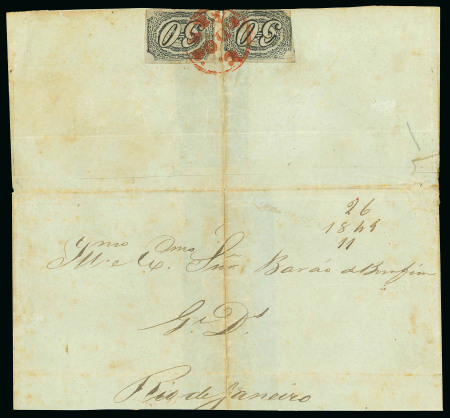 Stamp of Brazil » 1844-46 Slanting Figures 1844, 30r black, type IIa, worn impression, two on cover with "C./DO/SERRO." double circle in red