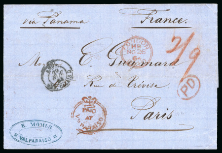 Stamp of Chile » Postal History 1864-66. Lot of 17 entire letters from Valparaiso, of which 13 with "PAID/AT/VALPARAISO" 