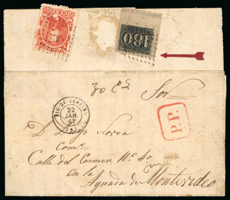 Stamp of Brazil » 1850-66 Upright Figures 1866, 180r black, in unique combination with "Dom Pedro" 10r on cover