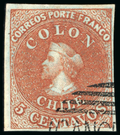 Stamp of Chile 1855, Second London printing, 5c red-brown on blued paper with Ormond Hill CANCELLED handstamp