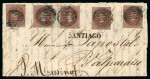 Stamp of Chile » General issues 1853, First London Printing, 5c red-brown on blued paper, five examples on cover with "SANTIAGO" pmk 