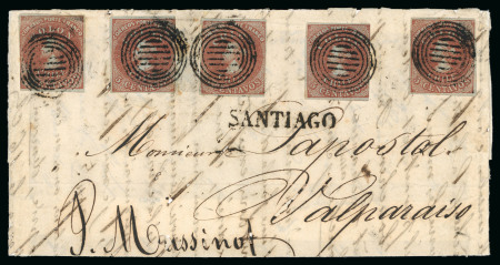 Stamp of Chile » General issues 1853, First London Printing, 5c red-brown on blued paper, five examples on cover with "SANTIAGO" pmk 