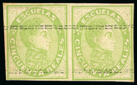 Stamp of Venezuela 1871, "Escuelas" 50r yellow-green, first printing, a remarkable pair