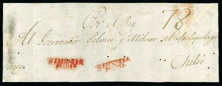 Stamp of Chile » Postal History 1800ca. Large wrapper front with two-line "INTERCEPTADA/DELIMA" hs 