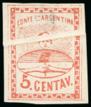 Stamp of Argentina » Argentine Confederation 1858, Small Figure 5c red marginal upper left corner-sheet