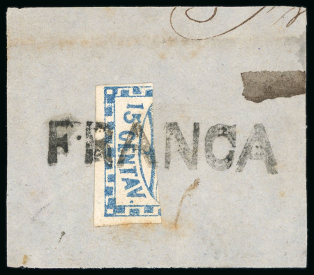 Stamp of Argentina 1858, Small Figures, 15c blue, one third used on piece at Gualeguaychú