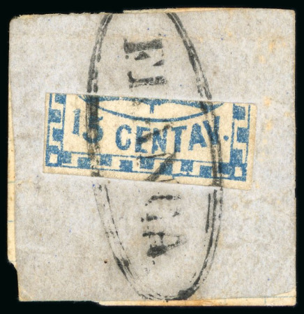 Stamp of Argentina 1858, Small Figures, 15c blue, one third used on piece at San Luis
