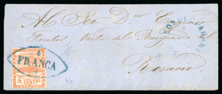 Stamp of Argentina 1858, Small Figure, 5c red, on cover from Paraná to Rosario