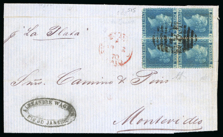 Stamp of Brazil » British Post Offices 1870 (April 2). Cover front from Rio de Janeiro to Montevideo, with 2d pl. 9 block of four