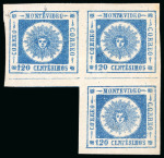 Stamp of Uruguay 1860, "Thick Figures" 120c blue, irregular block of three incl. subtype 7D