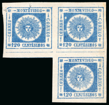 Stamp of Uruguay 1860, "Thick Figures" 120c blue, irregular block of three incl. subtype 7D