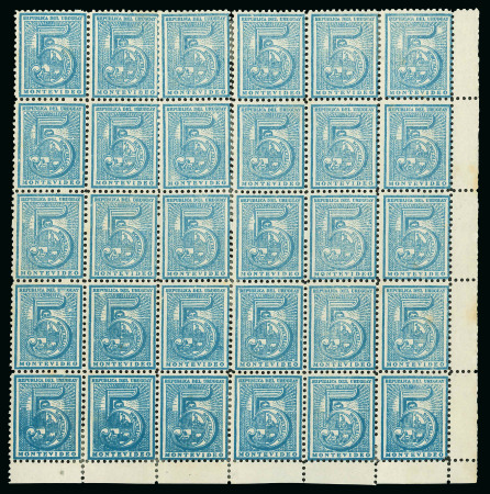 Stamp of Uruguay 1872, Montevideo Printing, 5c sky blue, block of 30