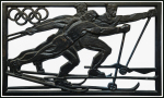 Stamp of Olympics » 1932-1936 Intervening Championships 1930s ca. cast iron item showing three stylised cross-country skiers racing with Olympic Rings at top left corner