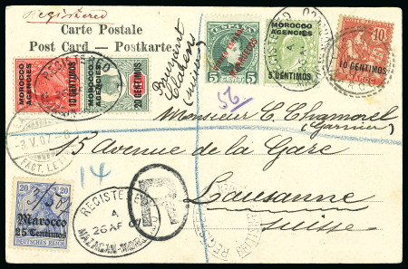 Stamp of Morocco Agencies (British Post Offices) 1907 (Apr 24) picture postcard sent registered to Switzerland with French 10c tied by Casablanca cds, then with GB KEVII issues