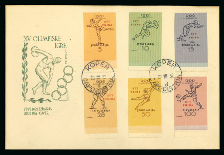 Stamp of Olympics » 1952 Helsinki Trieste (Zone B): 1952 Olympic imperf. set of six on illustrated FDC, tied by Koper cds