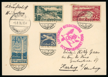 Stamp of Olympics » 1936 Berlin » 1936 Hindenburg Olympic Flight Danzig: 1936 Zeppelin Olympic Flight card with Danzig franking 
