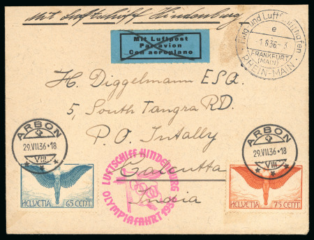 Stamp of Olympics » 1936 Berlin » 1936 Hindenburg Olympic Flight Switzerland: 1936 Zeppelin Olympic Flight envelope to India with Switzerland franking tied by Arbon cds