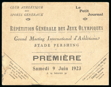 Stamp of Olympics » 1920-1924 Intervening Championships 1923 Grand Meeting International d'Athletisme, Stade Pershing, unused ticket for the event on 9th June 1923