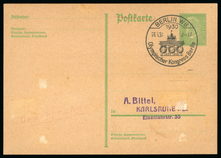 Stamp of Olympics » 1930 Berlin Congress 1930 (May 26) 5pf postal stationery card sent locally, cancelled by by special Congress 26.5.30 16-17 cds