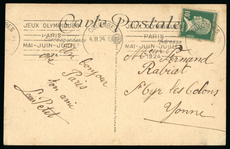 Stamp of Olympics » 1924 Paris » Covers and Cancellations 1924 (Mar 4) Postcard with 10c Pasteur tied by the scarce Colombes "JEUX OLYMPIQUES / PARIS / MAI-JUIN-JUILLET / 1924" roller