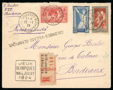 Stamp of Olympics » 1924 Paris » Covers and Cancellations DURING THE GAMES: 1924 (Jul 25) Envelope sent registered from the Olympic Village