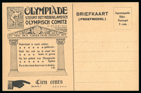 Stamp of Olympics » 1928 Amsterdam » Huygens Postal Stationery Cards (ordered by Series number) 1928 5c official postal stationery card by Huygens, proof in black (Serie D.1) with "PROEFMODEL" at top