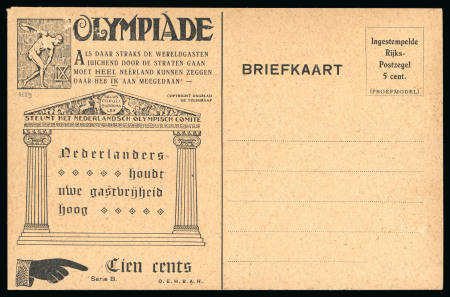 Stamp of Olympics » 1928 Amsterdam » Huygens Postal Stationery Cards (ordered by Series number) 1928 5c official postal stationery card by Huygens, proof in black (Serie B) with "PROEFMODEL" at top right
