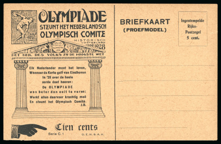 Stamp of Olympics » 1928 Amsterdam » Huygens Postal Stationery Cards (ordered by Series number) 1928 5c official postal stationery card by Huygens, proof in black (Serie C.1)
