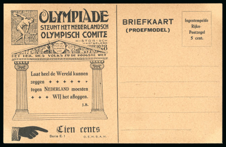 Stamp of Olympics » 1928 Amsterdam » Huygens Postal Stationery Cards (ordered by Series number) 1928 5c official postal stationery card by Huygens, proof in black (Serie E.1)