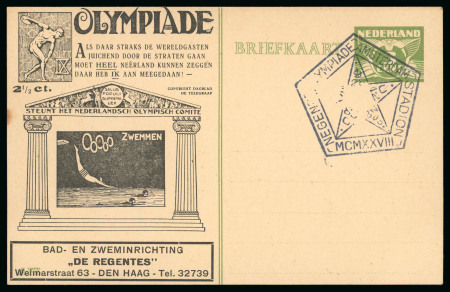 Stamp of Olympics » 1928 Amsterdam » Huygens Postal Stationery Cards (ordered by Series number) 1928 3c official postal stationery card by Huygens depicting Swimming (Serie F.4) with "DE REGENTES" advert below, cancelled