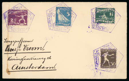Stamp of Olympics » 1928 Amsterdam » Issued Stamps, Covers and Cancellations During the Games: 1928 (May 21) pair of envelopes sent with the complete Olympic set of 8, tied by the stadium "N2" pentagonal ds in violet