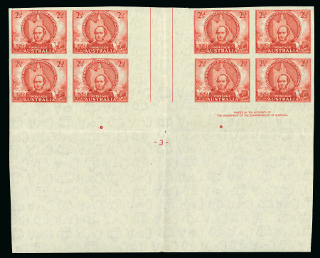 Stamp of Australia » Commonwealth of Australia 1946 Centenary of Mitchell's exploration of Central Queensland 2 1/2d scarlet, plate 3 imperforate interpanneau lower marginal block of eight