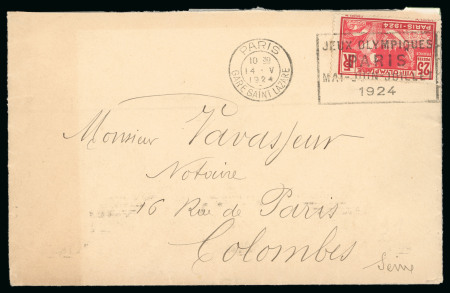 Stamp of Olympics » 1924 Paris » Covers and Cancellations 1924 (May 14) envelope from Paris to Colombes with Olympic 25c tied by Olympic slogan cancel with Olympic arrival