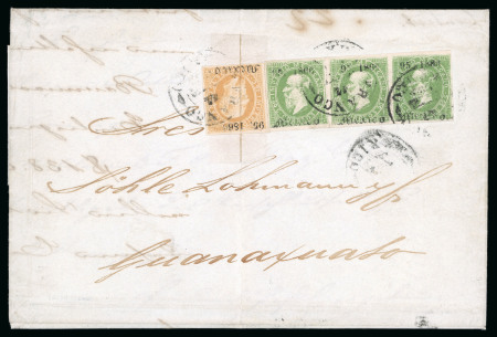 Stamp of Mexico Mexico 50c lithographed strip of three + 25c on large bicolor franking cover