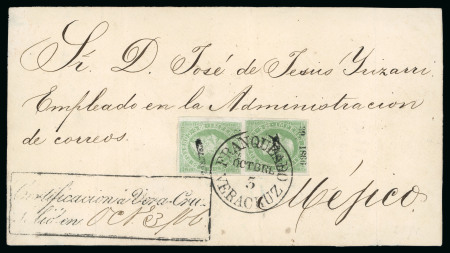 Stamp of Mexico Veracruz 50c lithographed pair on registered front 