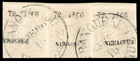 Stamp of Mexico Veracruz 7c lithographed used strip of three