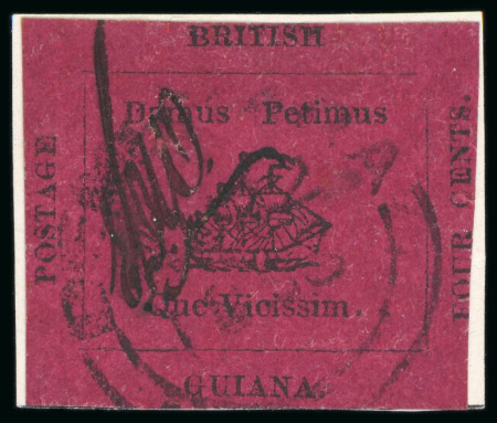 Stamp of British Guiana 1856, 4c black on magenta, cut into at right otherwise