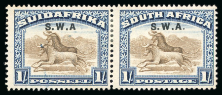 Stamp of South West Africa  1927 1s brown and deep blue in mint pair with h.r, the right stamp with 'No stop after A' variety