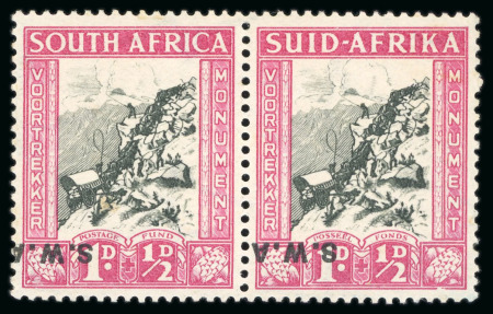 Stamp of South West Africa 1935 Voortrekker 2d + 1d showing the 'No stop after A' and 'O/pt double' varieties plus the 1d + 1/2d mint l.h. with inverted ovpt